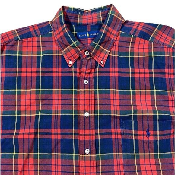 Ralph Lauren 2XB Red Navy Yellow Plaid Button Down Long Sleeve Shirt - Picture 1 of 12